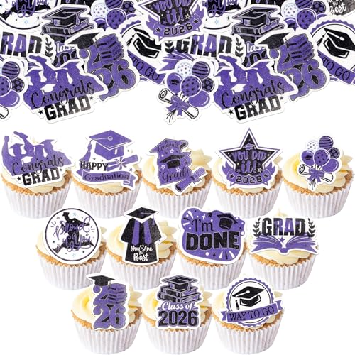 48Pcs Edible Graduation Cap 2026 Cupcake Toppers Wafer Paper Grad Cap Diploma Cake Decoration Picks for 2026 Grad Theme Party Cake Decor Supplies Purple White (48 Count)