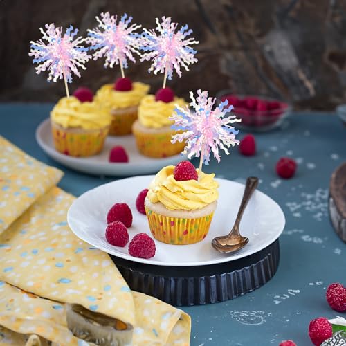 30Pcs Foil Firework Cupcake Toppers Sparkle Tinsel Cake Toppers Tinsel Drink Cake Decoration Cocktail Picks for Birthday Wedding Graduation Party Supplies Pink (30 Count)