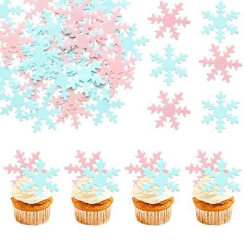 50Pcs Pink Edible Cupcake Cake Toppers Snowflake Cake Decorations for Christmas Winter Frozen Theme Party Supply Decoration Blue Pink (50 Count)