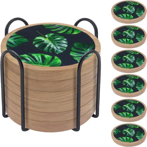 6 Pack Absorbent Coasters Set with Holder Wood Coasters for Drinks Housewarming Gifts for Home Decoration Cup Coasters for Coffee Tabletop Protection 4.3 Inch