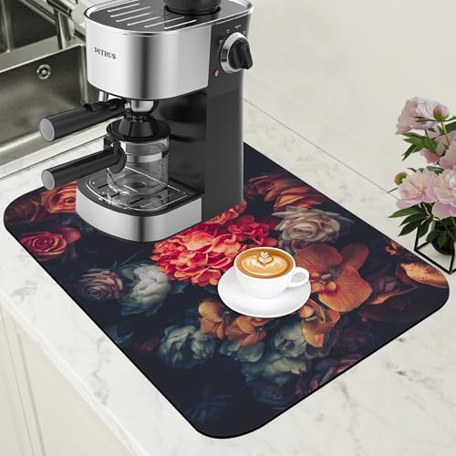 Vintage Rose Flower Coffee Mat Absorbent Dish Drying Mat for Kitchen Counter Hide Stain Rubber Backed Coffee Bar Accessories Fit Under Espresso Machine