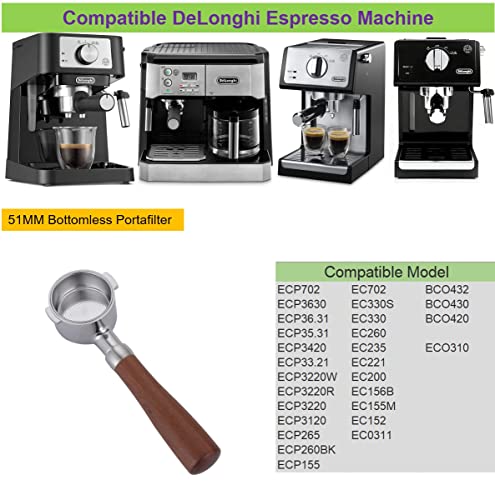 51mm Bottomless Portafilter Compatible with DeLonghi Espresso Machine Stainless Steel 51mm Portafilter 2 Ear for ECP3420