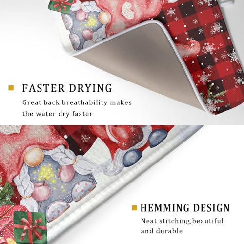 Winter Gnome Dish Drying Mat 18x24 inch Christmas Elf Trees Snowflakes Dish Drainer Mats Large Black Red Buffalo Plaids Fast Drying Dish Drying Pad for Kitchen Countertop Holiday Decor
