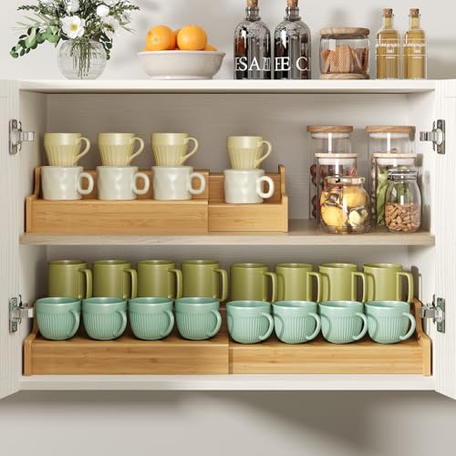 2 Tier Expandable Bamboo Mug Holder Coffee Mug Rack Organizer for Countertop (16 Count)