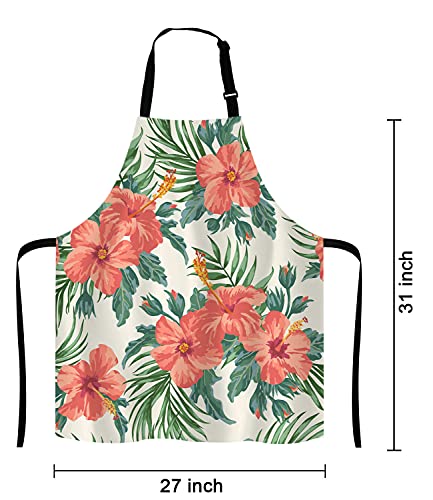 Tropical Leaves and Hawaiian Flower Bib Apron with Adjustable Neck for Men Women