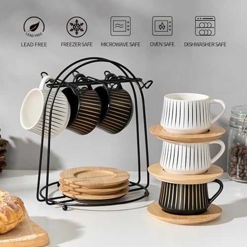 Ceramic Coffee Espresso Cups with Saucers Set with Metal Holder (7.6 Count)