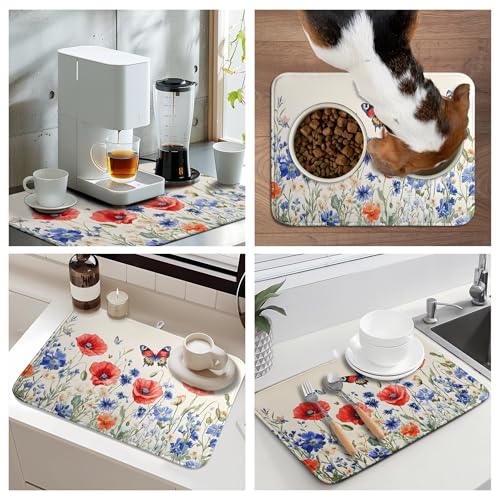 Patriotic Dish Drying Mats for Kitchen Counter 4th of July Kitchen Dishes Dryer Pad Red Blue Flowers Absorbent Dish Mat Microfiber Washable Foldable Reusable Large 18x24 in