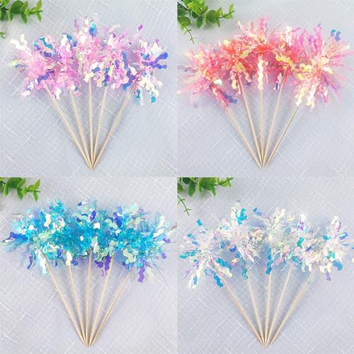 30 Pieces Happy Birthday Cake Toppers Foil Firework Cupcake Toppers Sparkle Tinsel Flower Drink Stirrers for Cake Decoration Party Supplies (30 Count)