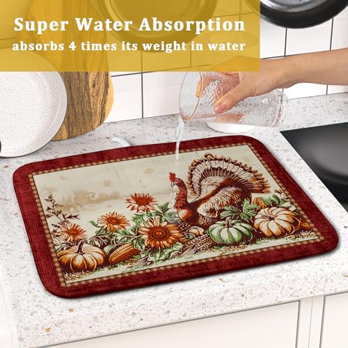 Rustic Turkey Dish Drying Mat for Kitchen Countertop 16x18 inch Fall Thanksgiving Pumpkin Sunflowers Harvest Dish Drainer Mats Fast Drying Farmhouse Country Style Dish Drying Pad Holiday Decor