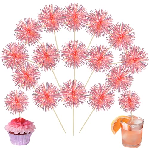 30Pcs Foil Firework Cupcake Toppers Sparkle Tinsel Cupcake Picks Happy Birthday Cake Decorations Drink Stirrers Cocktail Food Fruit Toothpicks for Baby Shower Graduation Party Supplies Orange (30 Count)