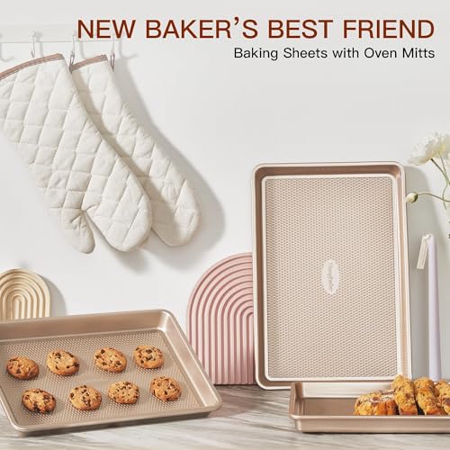 3 Pack Gold Nonstick Baking Sheet Pan Set with Oven Mitts Heat Resistant (5 Count)