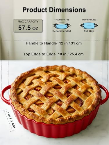 10×2in Deep Ceramic Pie Pan with Handles for Pie Quiche Tart Baking. Easy to grip
