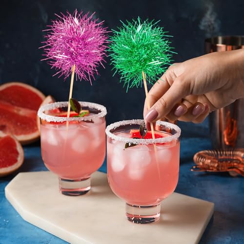100 Pcs Pink and Green Foil Firework Witch Cupcake Toppers Party Favors Sparkle Tinsel Cake Toppers Cake Decoration Cocktail Fruit Toothpick for Birthday Wedding Graduation Party