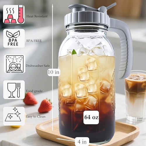 64 Oz Glass Mason Jar Water Pitcher With Lid Wide Mouth Sun Tea Pitchers