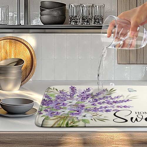 Spring Lavender Floral Dish Drying Mats Spring Summer Dish Mat Purple Flowers Butterfly Drying Matt Dishes Dryer Pad for Kitchen Counter Absorbent Microfiber Washable Foldable Reusable 18x24 in