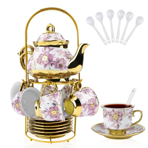 20 Pcs Porcelain Tea Set with Metal Holder (20 Count)