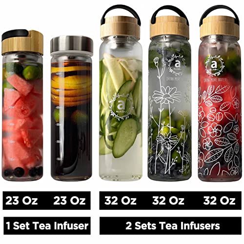 32oz Borosilicate Glass Water Bottle with Bamboo Lid and 2 Tea Infuser Sets for Fruit Infused Water and Cold Brew Coffee