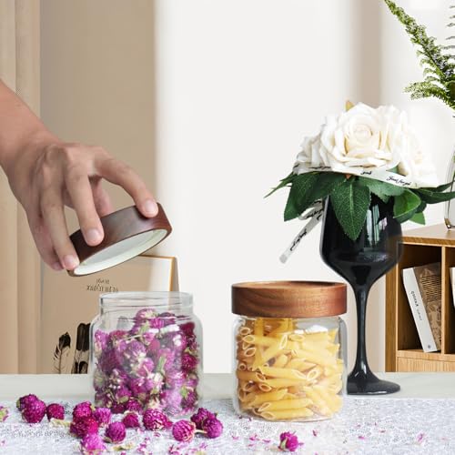 16 oz Glass Jars with Acacia Wood Airtight Lids Spice Jar Herb Storage Canister with Wooden Lid Clear Glass Food Jar for Sugar Pantry Tea Coffee Bean Spice Cookies