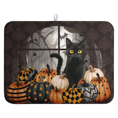 Halloween Black Cat Dish Drying Mat Fall Halloween Pumpkins Large Kitchen Mats Dish Drying Pad Absorbent Dish Dryer Mat for Kitchen Countertops Microfiber Drainer Pad Dish Drying Mats