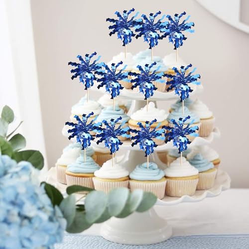 30 PCS Foil Firework Cupcake Toppers Sparkle Tinsel Cupcake Picks Happy Birthday Cake Toppers Drink Stirrers Cocktail Fruit Toothpicks for Baby Shower Birthday Party Decorations Supplies Dark Blue (30 Count)