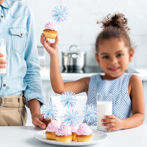 30 PCS Foil Firework Cupcake Toppers Sparkle Tinsel Cupcake Picks Happy Birthday Cake Toppers Drink Stirrers Cocktail Food Fruit Toothpicks for Baby Shower Wedding Party Decorations Supplies Blue (30 Count)