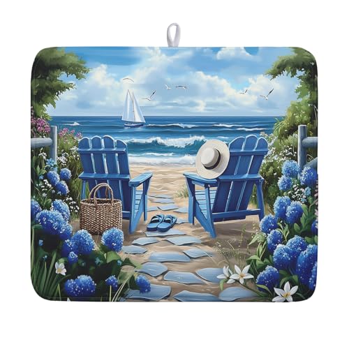 Summer Beach Chairs Dish Drying Mat Sea Wave Blue Floral Drying Mat fo Kitchen Counter 16”x18” Absorbent Reversible Kitchen Mat Non