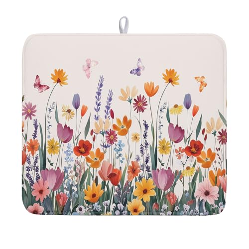 Spring Summer Flowers Dish Drying Mat for Kitchen Counter 16"x18" Colorful Floral Drying Mat Soft Absorbent Microfiber Farmhouse Fluttering Butterfly Dish Drainer Rack Mats for Counter tops