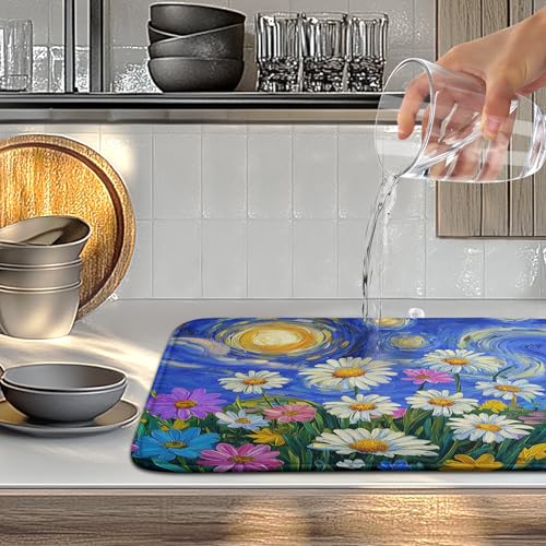 Spring Summer Daisy Floral Dish Drying Mats Spring Flowers Dish Mat Drying Matt Starry Sky Dishes Dryer Pad for Kitchen Counter Absorbent Microfiber Washable Foldable Reusable 18x24 in