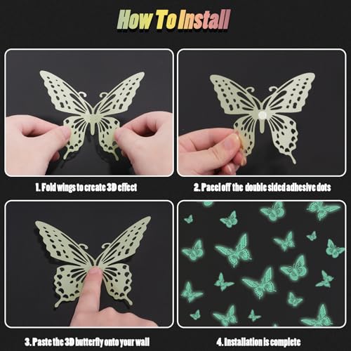 Glow in The Dark 3D Butterfly 24 Pcs 3 Sizes (24 Count)