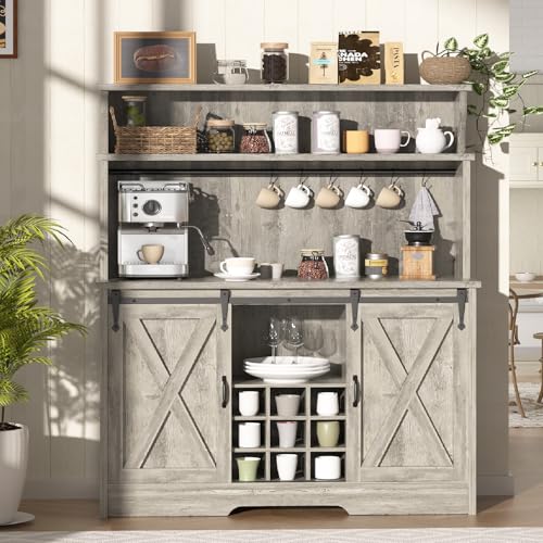Farmhouse Coffee Bar Cabinet with 3 Tier Storage Hutch