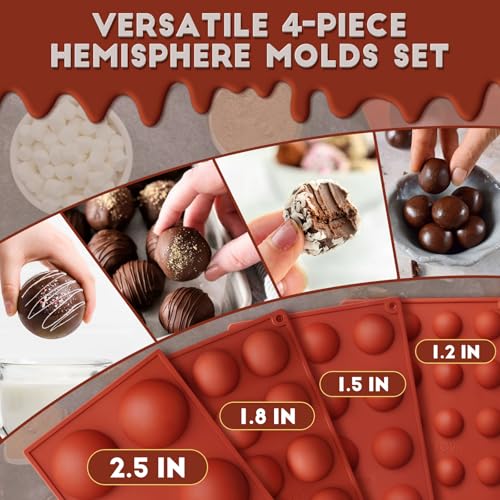 Hemisphere Silicone Molds 4 Size Set for Hot Cocoa Chocolate Bombs Valentines Semi Ball Making Kit Cake Decor Mould