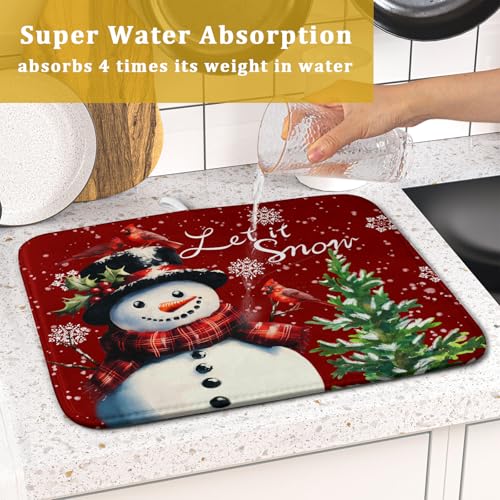 Winter Snowflake Red Dish Drying Mat for Kitchen Counter