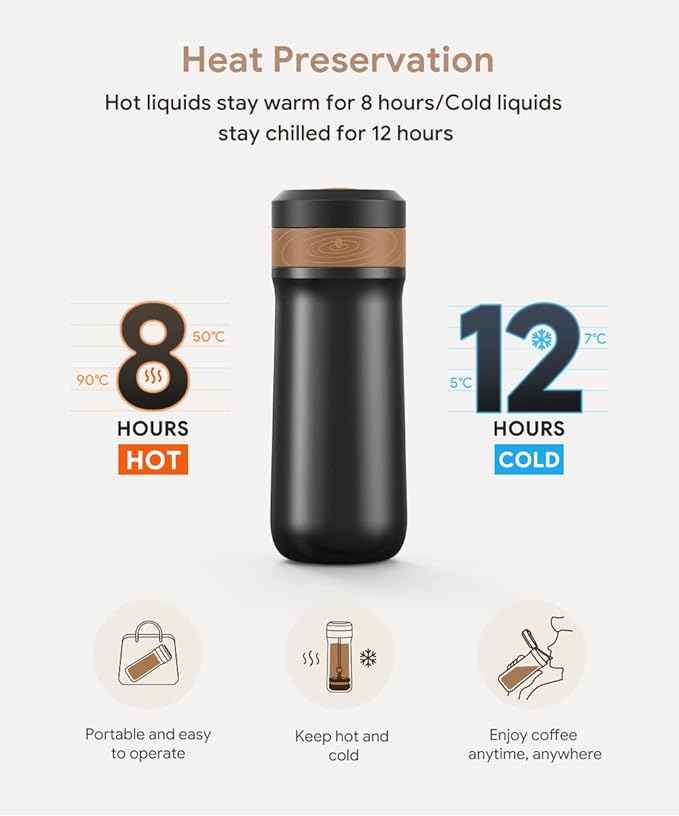 Portable French Press Coffee Maker Travel French Coffee Maker Stainless Steel Coffee Mug 12 oz Double Mesh Filter Great for Camping and Traveling