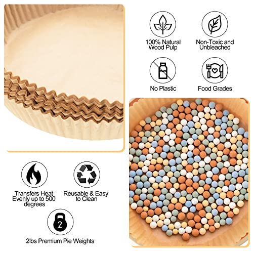 1 Pack 2 lb Multi Color Pie Weights for Baking Crust Reusable Ceramic Blind Baking Beans Stoneware with 50 Pcs Disposable Parchment Paper Pie Liner Fit 8