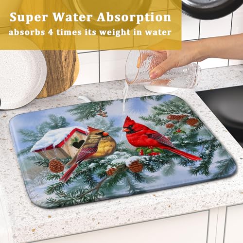 Winter Red Cardinal Bird Dish Drying Mat for Kitchen Counter