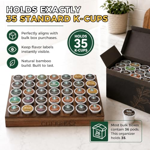 Bamboo K Cup Holder Drawer or Countertop K Cup Organizer Coffee Pod Holder Hold 35 Coffee Pod Storage Kcup Coffee Pods Holder for Coffee Station Office and Kitchen K Cup Storage