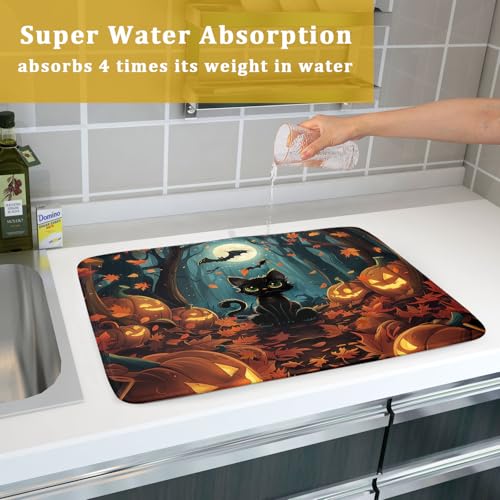 Halloween Black Cat Dish Drying Mat for Kitchen Counter