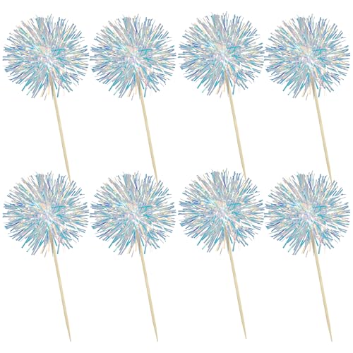 30Pcs Foil Firework Cupcake Toppers Sparkle Tinsel Cupcake Picks Drink Stirrers Cocktail Food Fruit Toothpicks for Baby Shower Graduation Party Supplies White (30 Count)