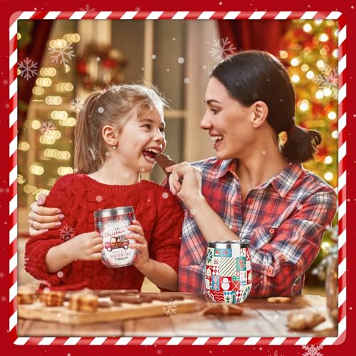 Christmas Wine Tumbler 12 oz Christmas Stainless Steel Wine Glass with Lid and Straw Stemless Double Wall Insulated Wine Cups Keeping Cold & Hot for Holiday Xmas Wedding Party Gifts
