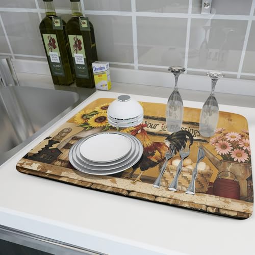 Farmhouse Rooster Dish Drying Mat Vintage Chicken Sunflowers Dish Drainer Mats 18"x24" Rustic Primitive Microfiber Reversible Dish Drying Rack Pad Protector for Kitchen Countertop Decor