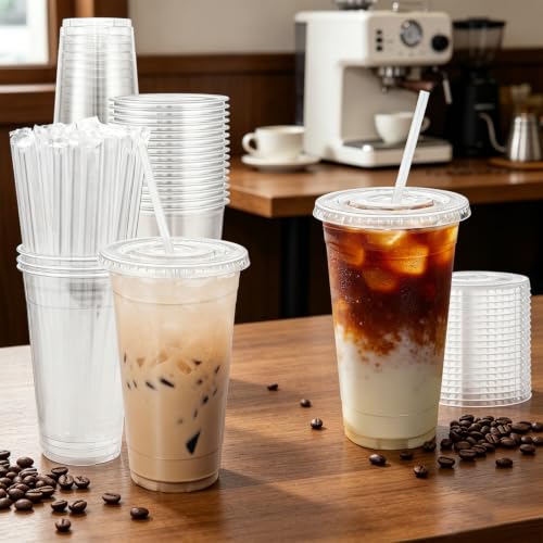 50 Pack 24 oz Clear Plastic Cups with Lids and Straws Disposable (50 Count)