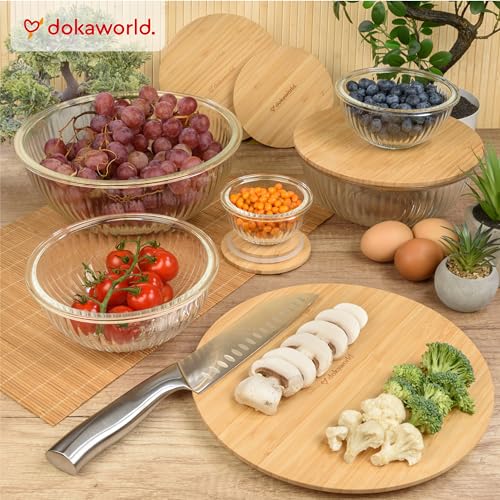 Stackable Glass Mixing Bowls with Bamboo Lids Set of 5