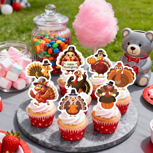 72PCS Edible Thanksgiving Day Cupcake Toppers Wafer Paper Turkey Cupcake Toppers Picks Autumn Cake Decorations for Thanksgiving Party Decoration Supplies