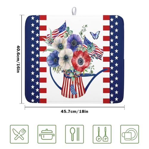 American Flag 4th of July Dish Drying Mats for Kitchen Counter Patriotic Flowers Dry Dishes Pads 16x18 Inch Microfiber Absorbent Independence Day Drainer Pad Tableware Mats Protector for Countertops