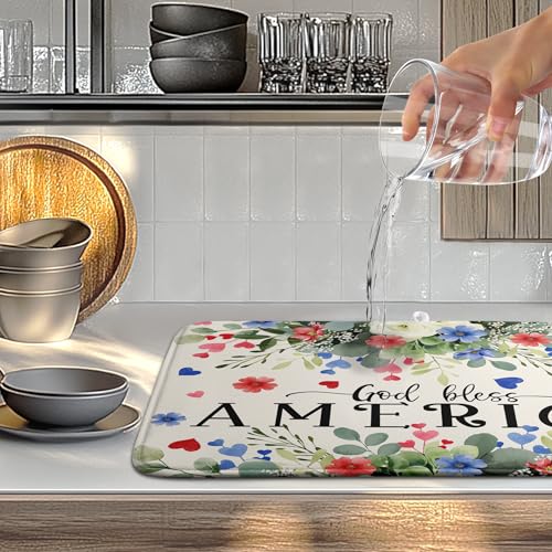 4th of July Patriotic Floral Dish Drying Mat Summer Memorial Day Large Kitchen Mats Dish Drying Pad Absorbent Dish Dryer Mat for Kitchen Countertops Microfiber Drainer Pad Dish Drying Mats