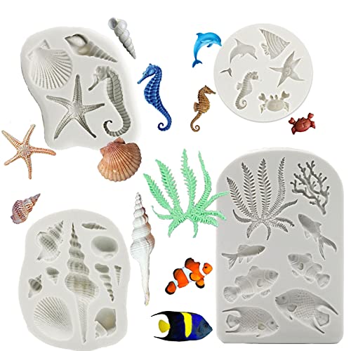 Marine Theme Silicone Fondant Mold 4pcs Under the Sea Cake Mold Hippocampus Seaweed Sea Fish Crab Coral Conch Sea Shell Silicone Chocolate Mold for DIY Ocean Theme Cake Cookie Chocolate Candy (4 Count)