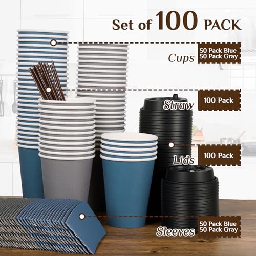 100 Pack 12 oz Disposable Coffee Cups with Lid (100 Count)