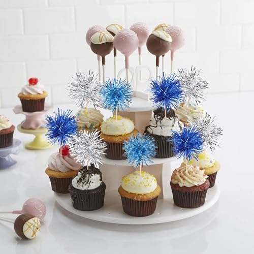 30 PCS Foil Firework Cupcake Toppers Sparkle Tinsel Cupcakae Picks Foil Firework Decorations Cocktail Fruit Toothpick for Fireworks Theme Birthday Wedding Graduation Party Decor Blue Silver Light Blue (30 Count)