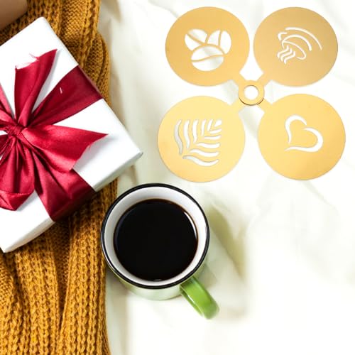 4pcs Golden Practical Latte Stainless Steel Reusable Stencils Mould Sugar DIY Baking Art Gold Decorating Cake Milk Cappuccino Templates Painting Tool Sieve Pattern Coffee Store (4 Count)