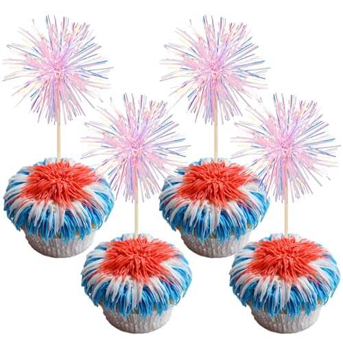 30Pcs Foil Firework Cupcake Toppers Sparkle Tinsel Cake Toppers Tinsel Drink Cake Decoration Cocktail Picks for Birthday Wedding Graduation Party Supplies Laser Pink (30 Count)